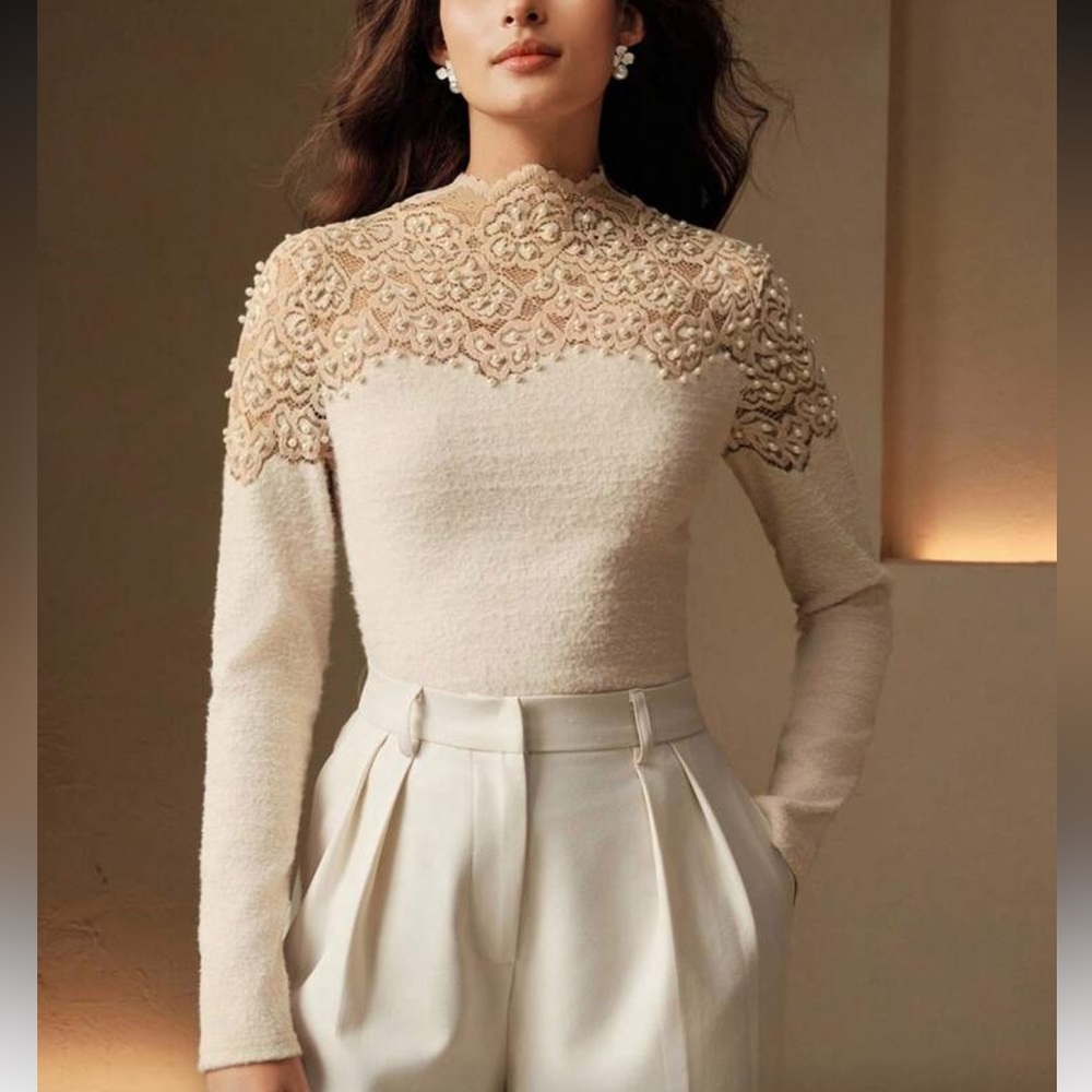 Elegant Cream Lace Detail Sweater Top